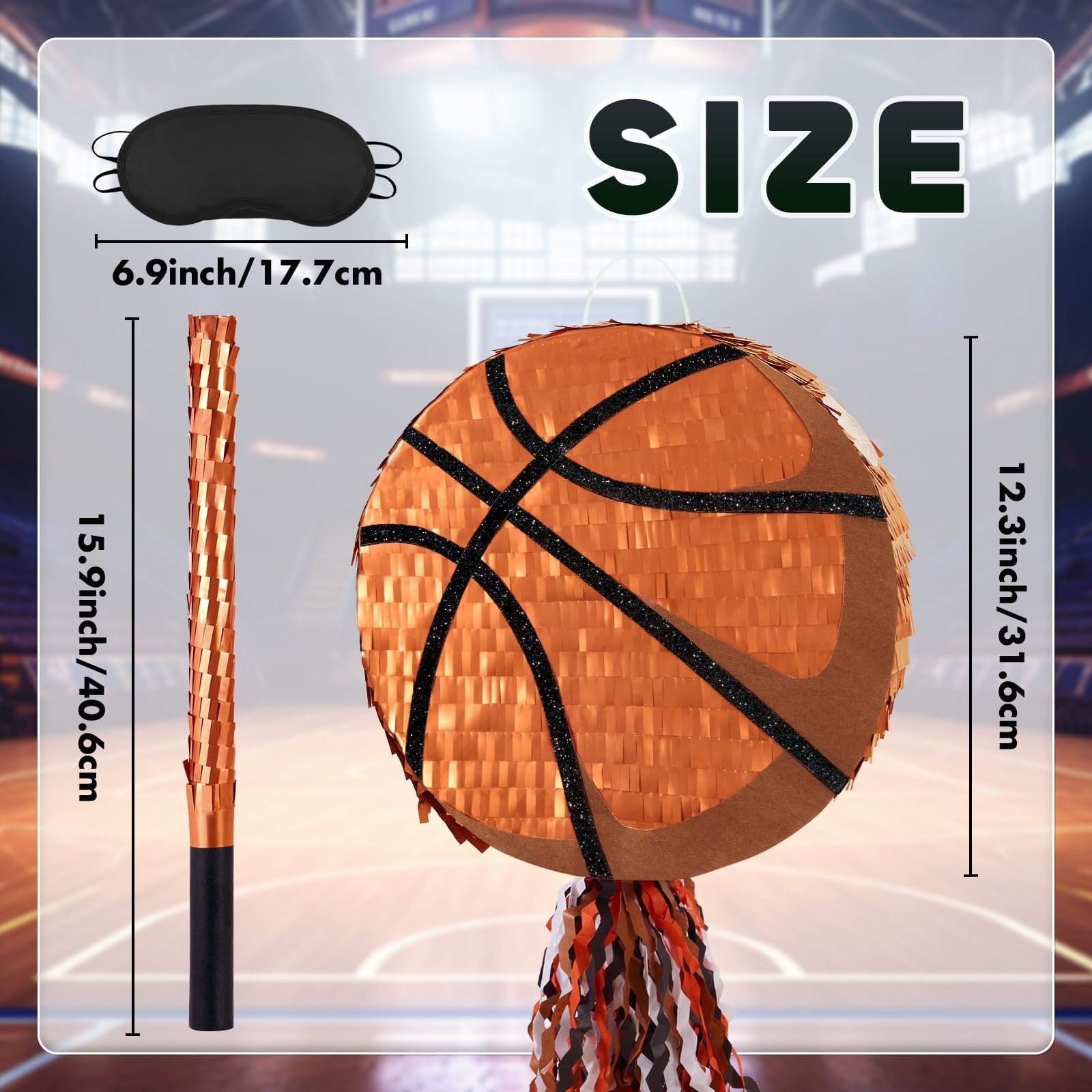 WERNNSAI Piñata de baloncesto – Piñata de baloncesto para decoración de cumpleaños de niños, deporte, pelota de baloncesto, piñata con palo, venda para los ojos, deportista, decoración para fiesta de