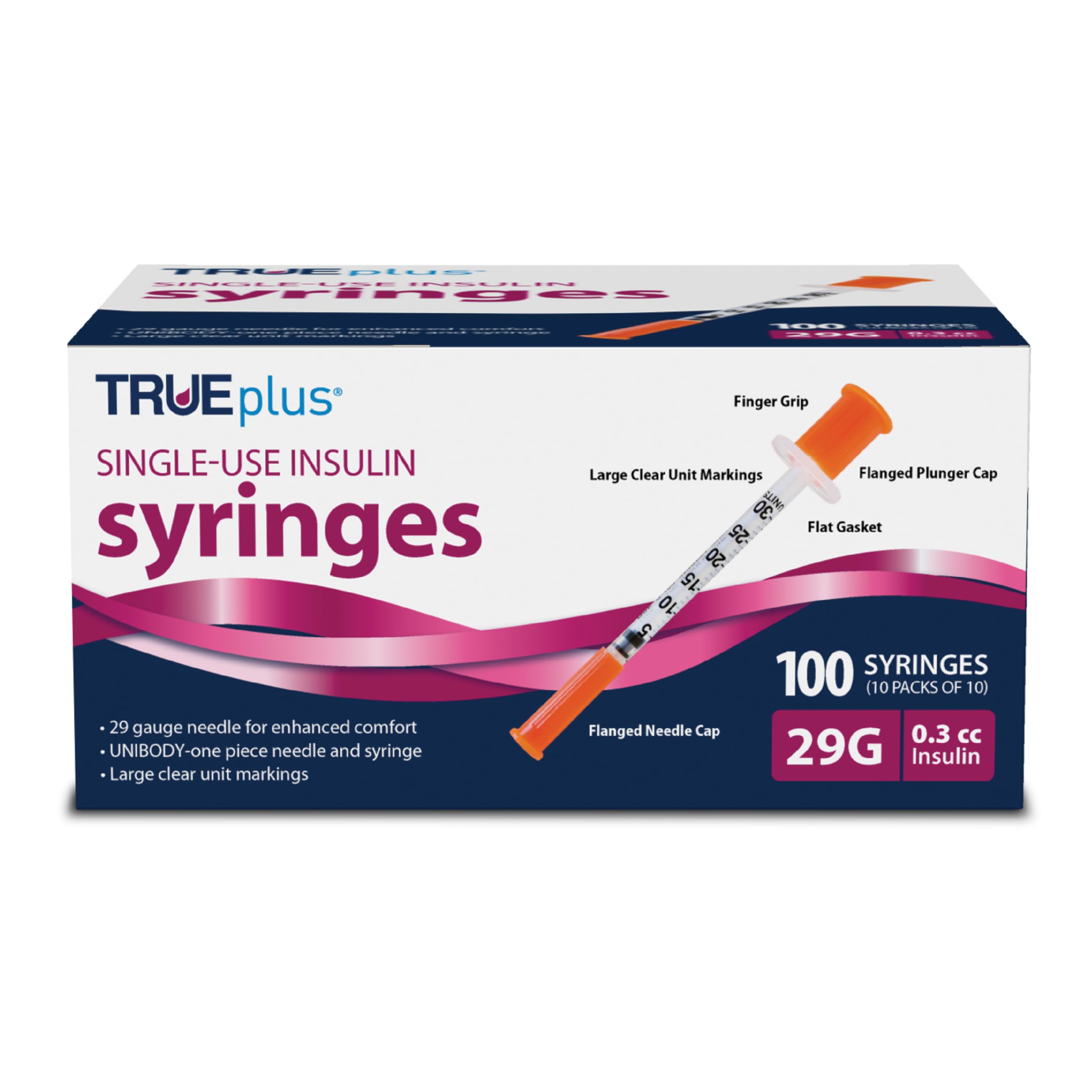 TRUEplus Single-Use Insulin Syringes, 29G 0.3cc 1/2 Inch Needle Length, 100 Count (10 Packs of 10)