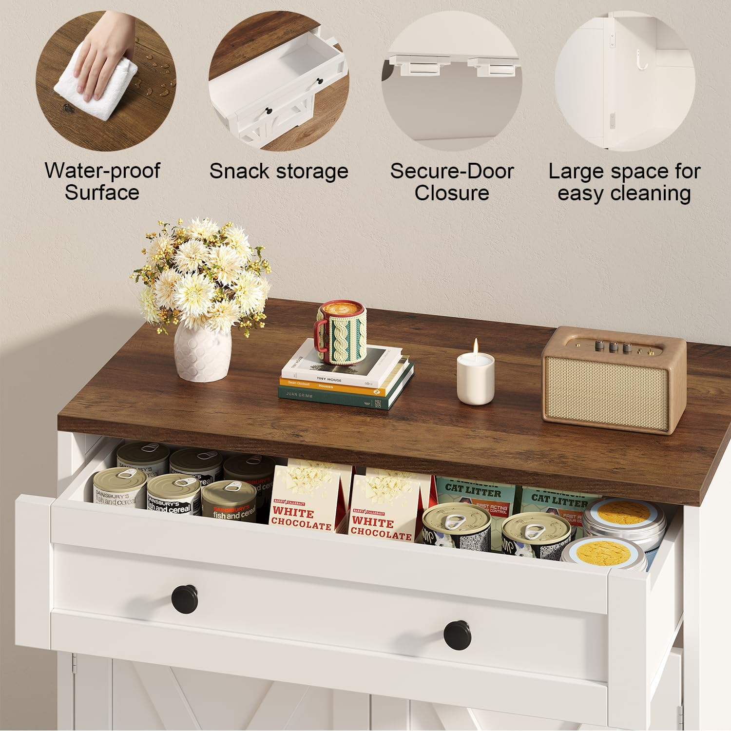 Cat Litter Box Enclosure with Storage Drawers, Hidden Litter Box Wooden Furniture, Modern Farmhouse Indoor Cat House and Multi Functional Side Table, White