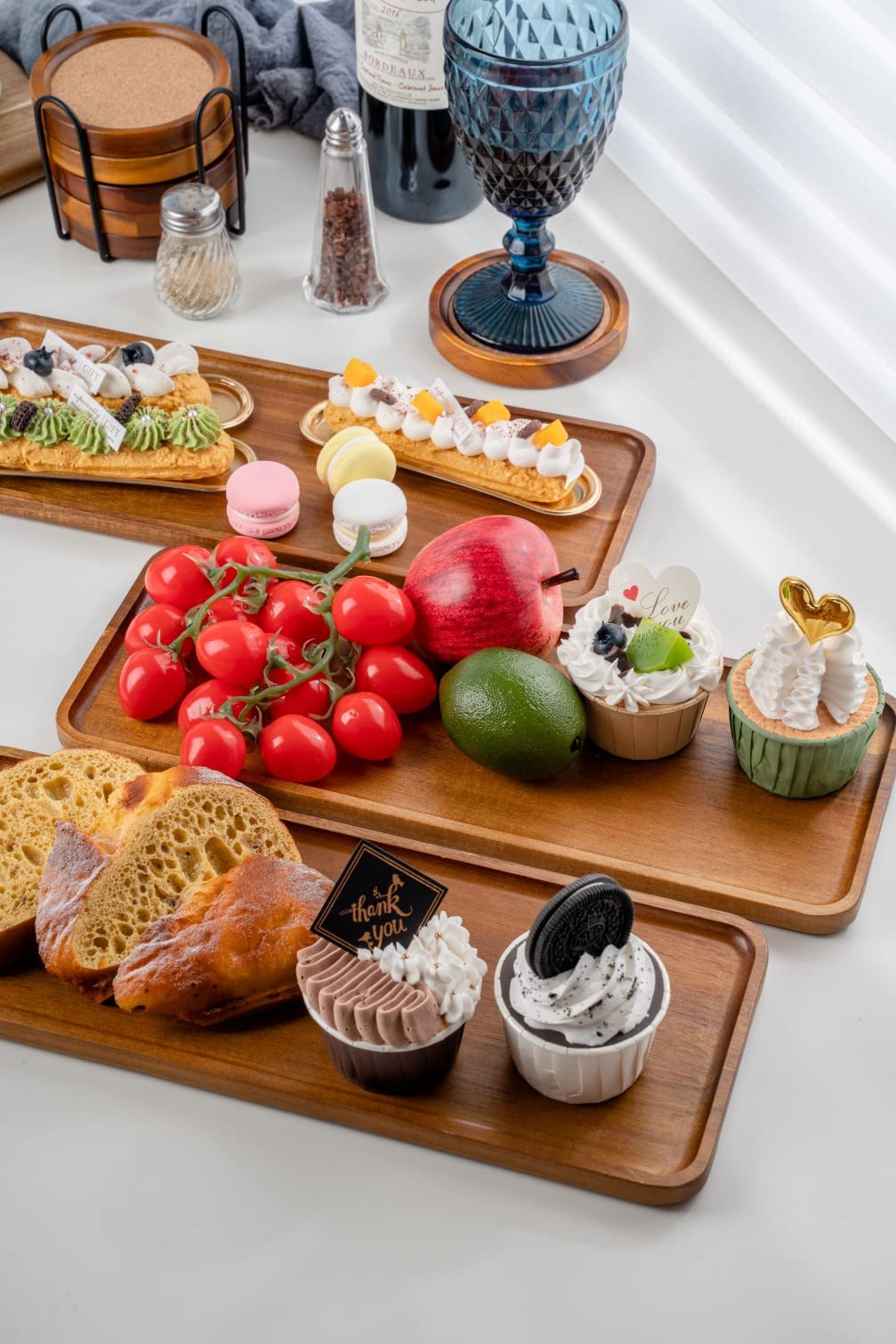Bandeja decorativa de acacia, 36x14 cm, juego de 3 bandejas de madera decorativas, bandeja de madera, bandeja de madera resistente, plato de madera para aperitivos de la tarde