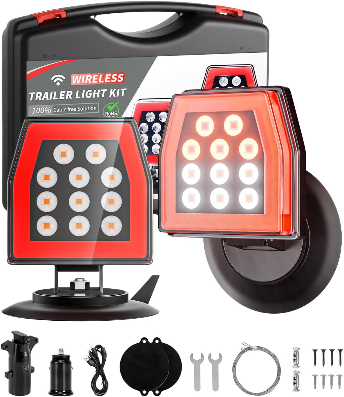 Wireless Trailer Lights, Magnetic LED Trailer Lights with Adjustable Bracket, IP67 Waterproof Rechargeable Tow Tail Light Kit for Trucks, Boats, RVs, Campers