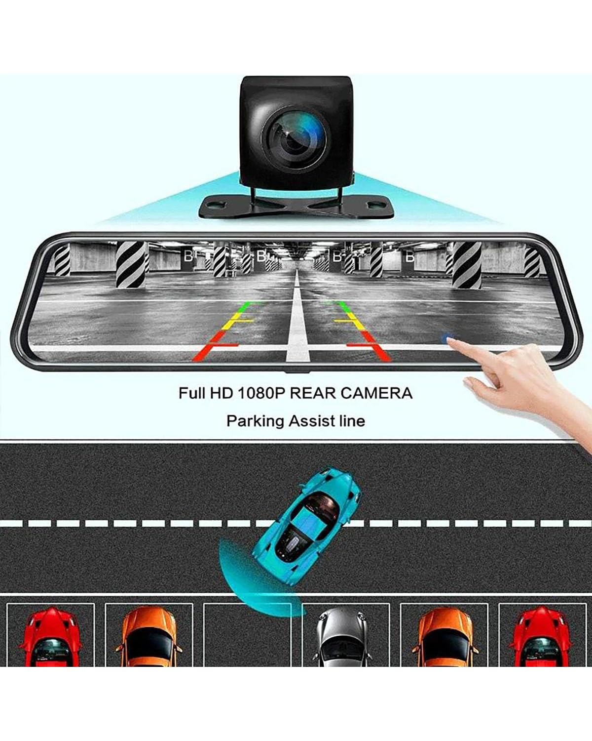 Dash Cam Auto Dashcam DVR con Schermo Touch da 10'' Auto Streaming Multimediale 1080P Doppia Lente IPS Specchietto Retrovisore Telecamera Visione Notturna Dashcam(1080P No WiFi 64G)