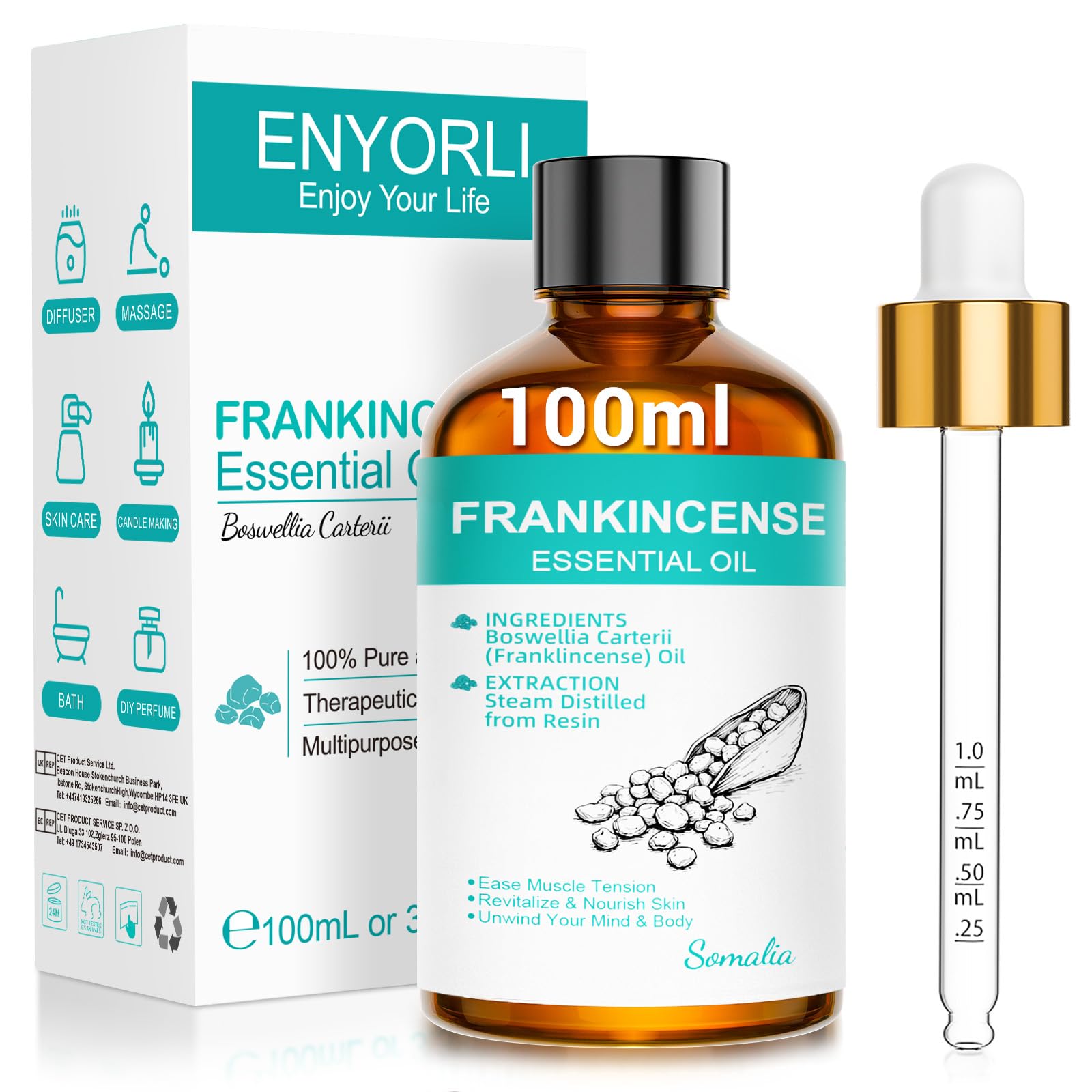 ENYORLI Weihrauchöl 100% Naturreine Ätherisches Öl Weihrauch Boswellia 100ml für Meditation, Hautpflege, Aromatherapie, Mit Messpipette