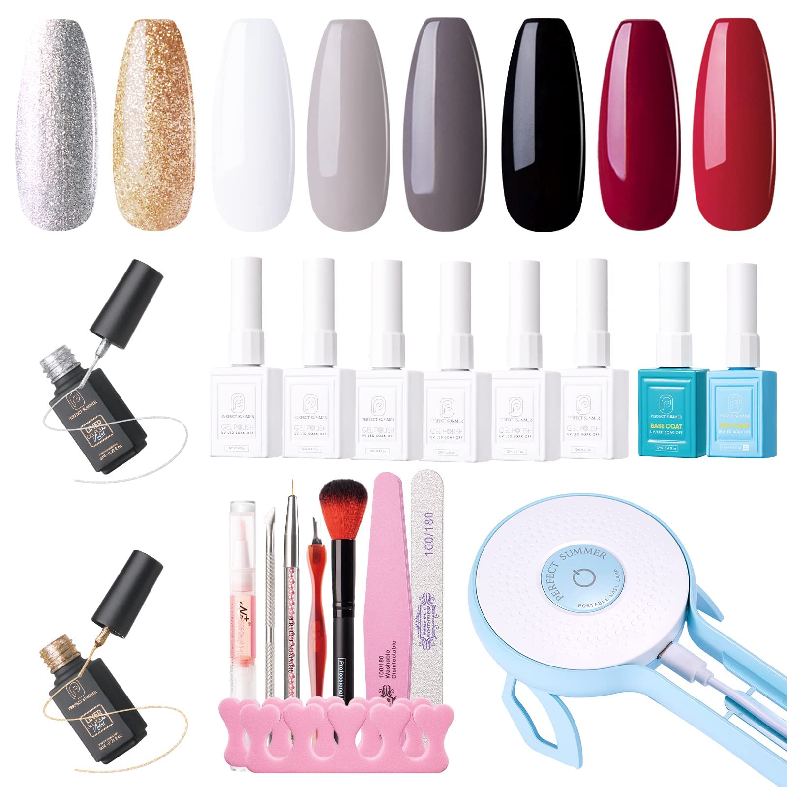 Perfect Summer Gel Nail Polish Kit with UV Light, 6 Colors Black White Red Classic Gel Polish Set, Soak Off Gel Nail Kit With Base Top Coat & Gold Sliver Glitter Liner Gel for Nail Art Gift