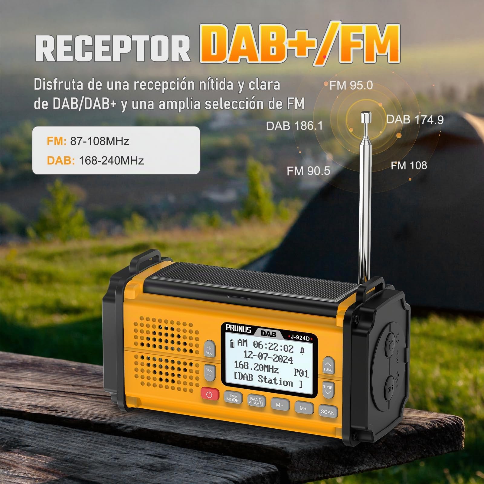 PRUNUS J-924 Dab/UKW Radio Digital con Función de Preselección, Radio Portatil Pequeña Recargable con Banco de Energía de 10000 mAh, Radio Solar y a Pilas, con Manivela,Linterna,SOS. (Amarillo)