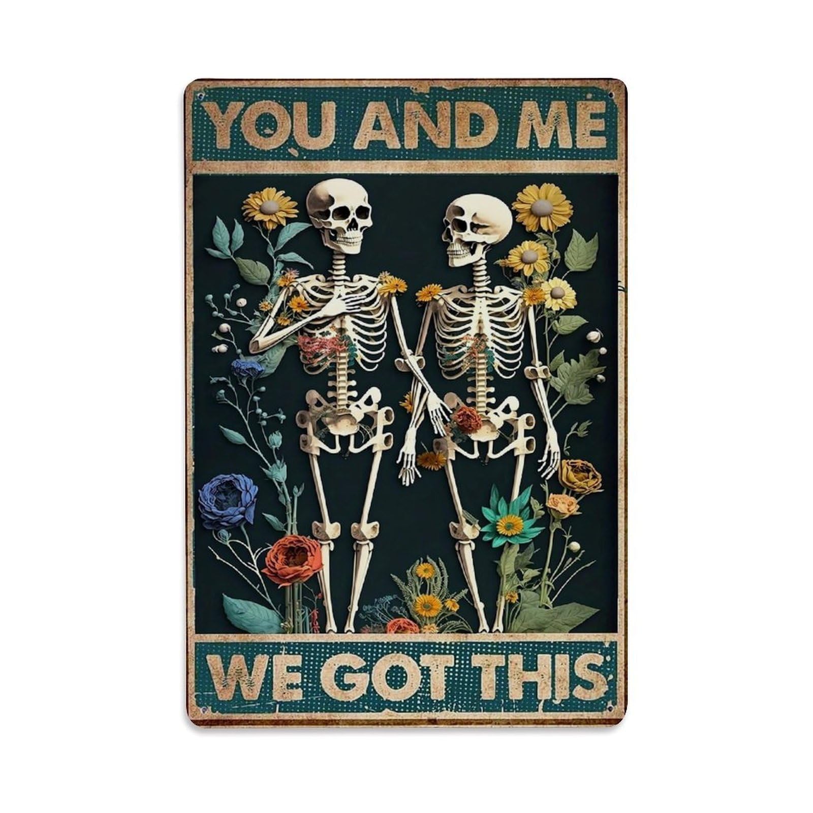 Jdfenggu Vintage Skeletons Holding Hands With Flowers Retro Metal Tin Sign, Decor Art Poster For Bar, Home, Man Cave, Kitchen, Laundry Room Gift 8X12inch