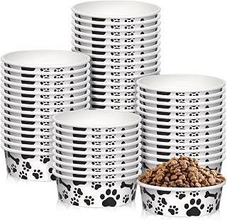 Whaline 50 Pack Disposable Pet Bowls 16oz - Cute Bone Paw Paper Feeding Trays for Dogs Cats Puppies Travel