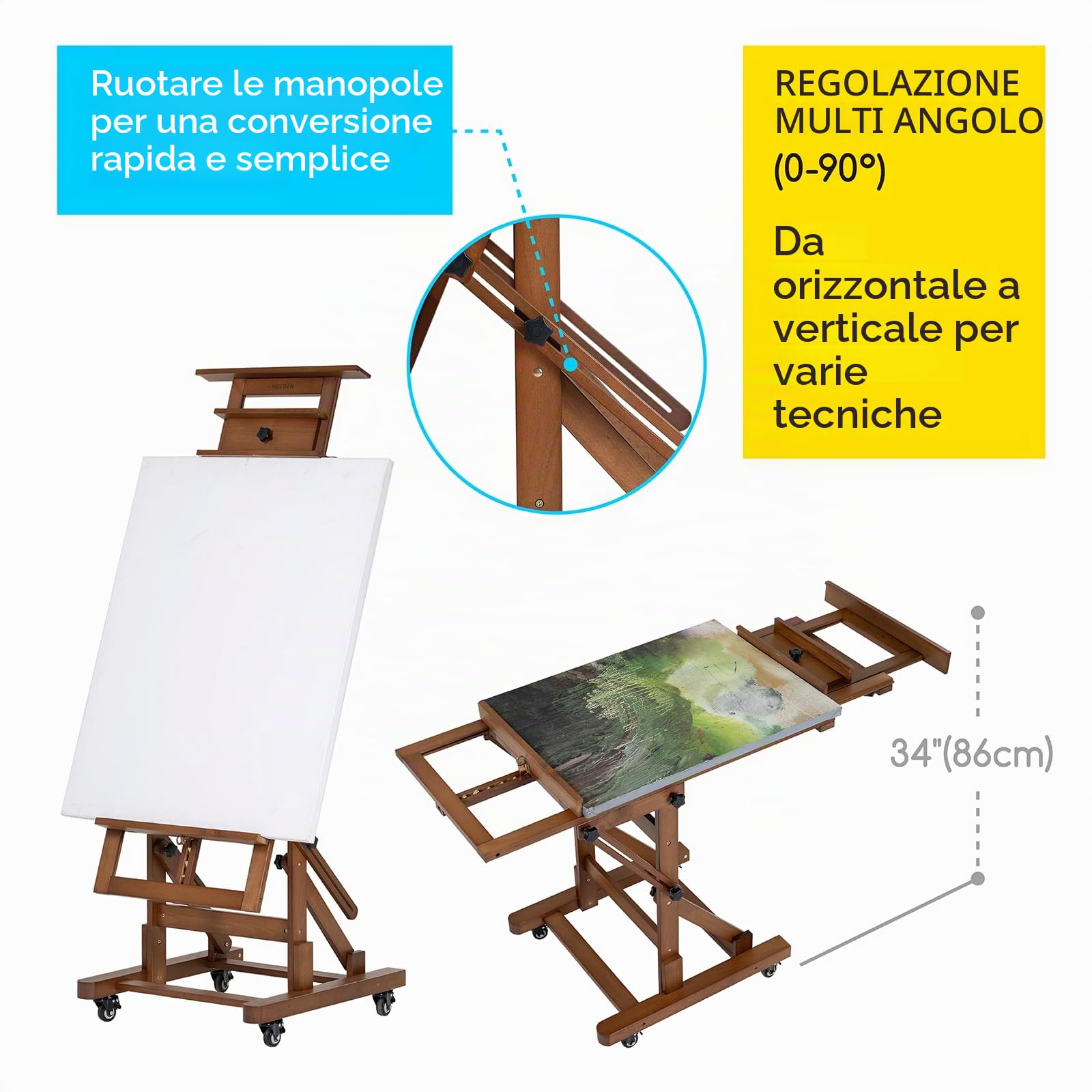 MEEDEN Cavalletto per pittura artistica extra-large: cavalletto da artista in legno massello di faggio – cavalletto professionale per adulti – cavalletto mobile a H da pavimento per pittura su tela