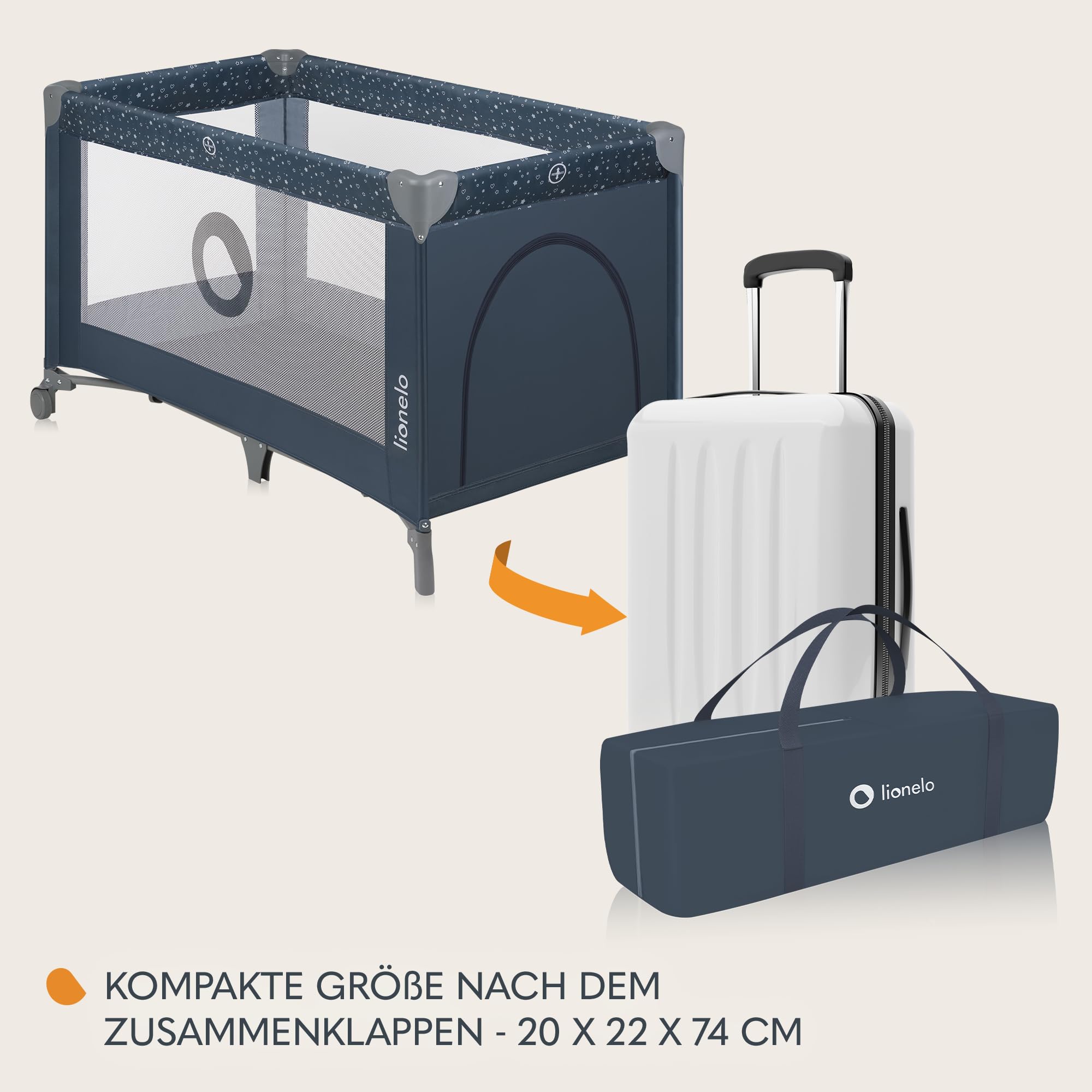 Lionelo Stefi Baby Kinderbett, Reisebett ab Geburt bis 15 kg, Seiteneingang, Sicherungssystem LockGuard, Blockade der Räder, Tragetasche, zusammenklappbar