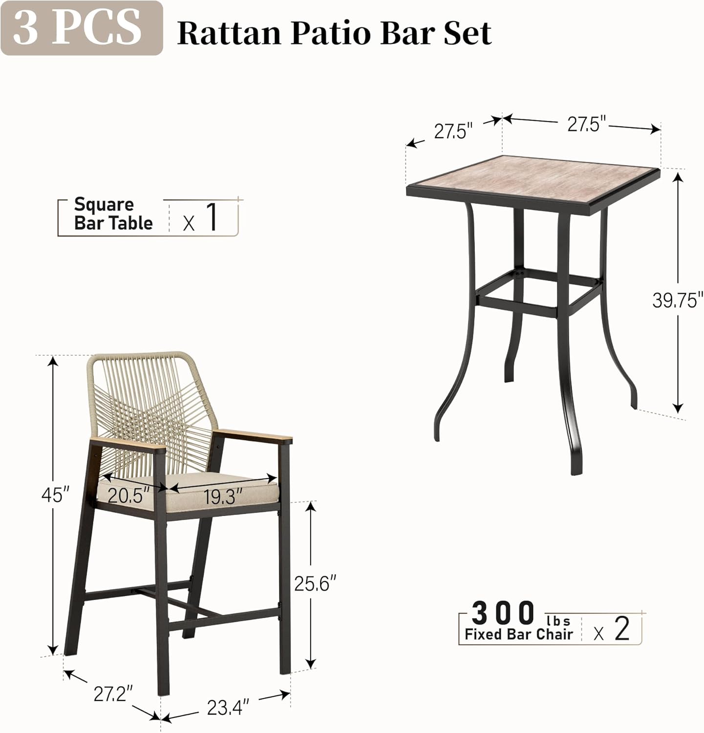SUNSHINE VALLEY Patio Bar Set 3 Piece, All Weather Rattan Bar Stools with Waterproof Cushion, 40” Height Wood-Like Metal Bar Table, Outdoor High Top Table and Chairs for Backyard Lawn Porch