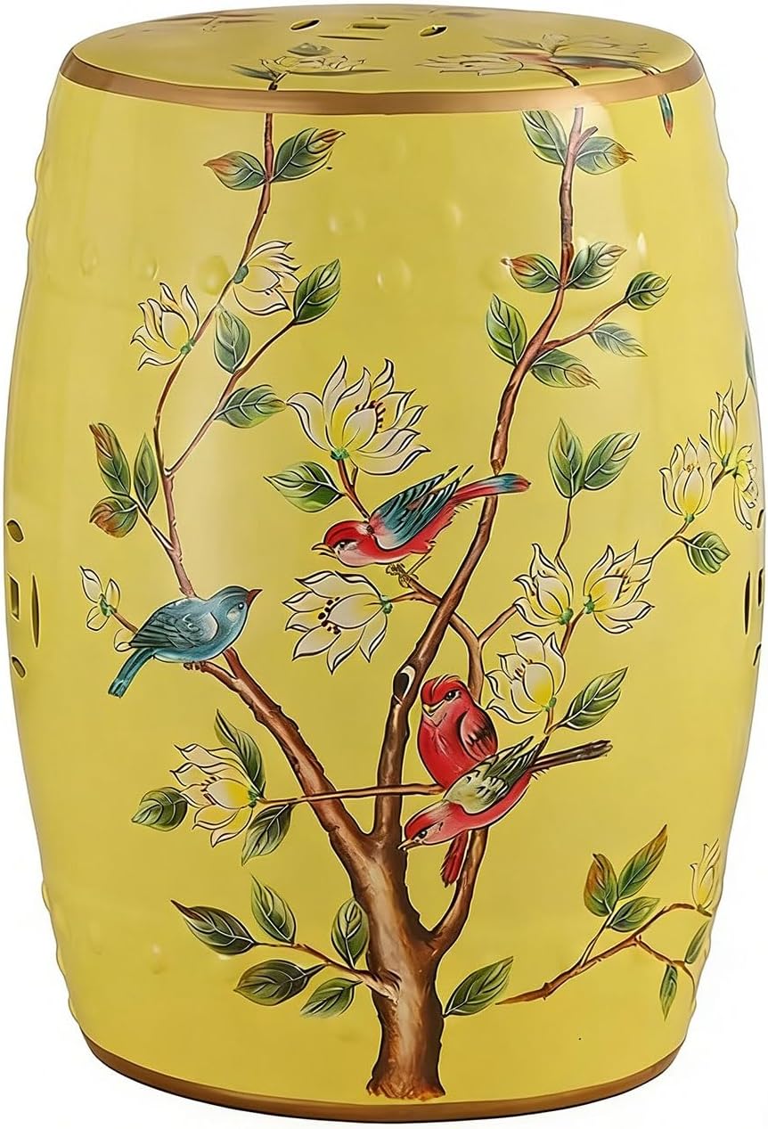 Decorative Ceramic Garden Stool High Load-Bearing Capacity Ceramic Drum Stool Exquisite Pattern Designs Balcony Side Table with Ventilation Holes Shoe Bench for Bathroom(Yellow)