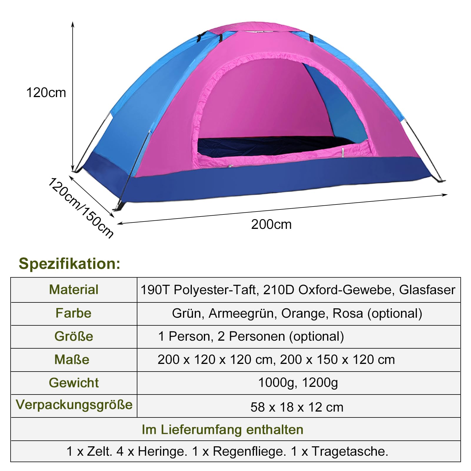 Tenda da campeggio ultraleggera, tessuto Oxford 210D, impermeabile, con borsa per il trasporto, impermeabile e facile da installare per viaggi e escursioni
