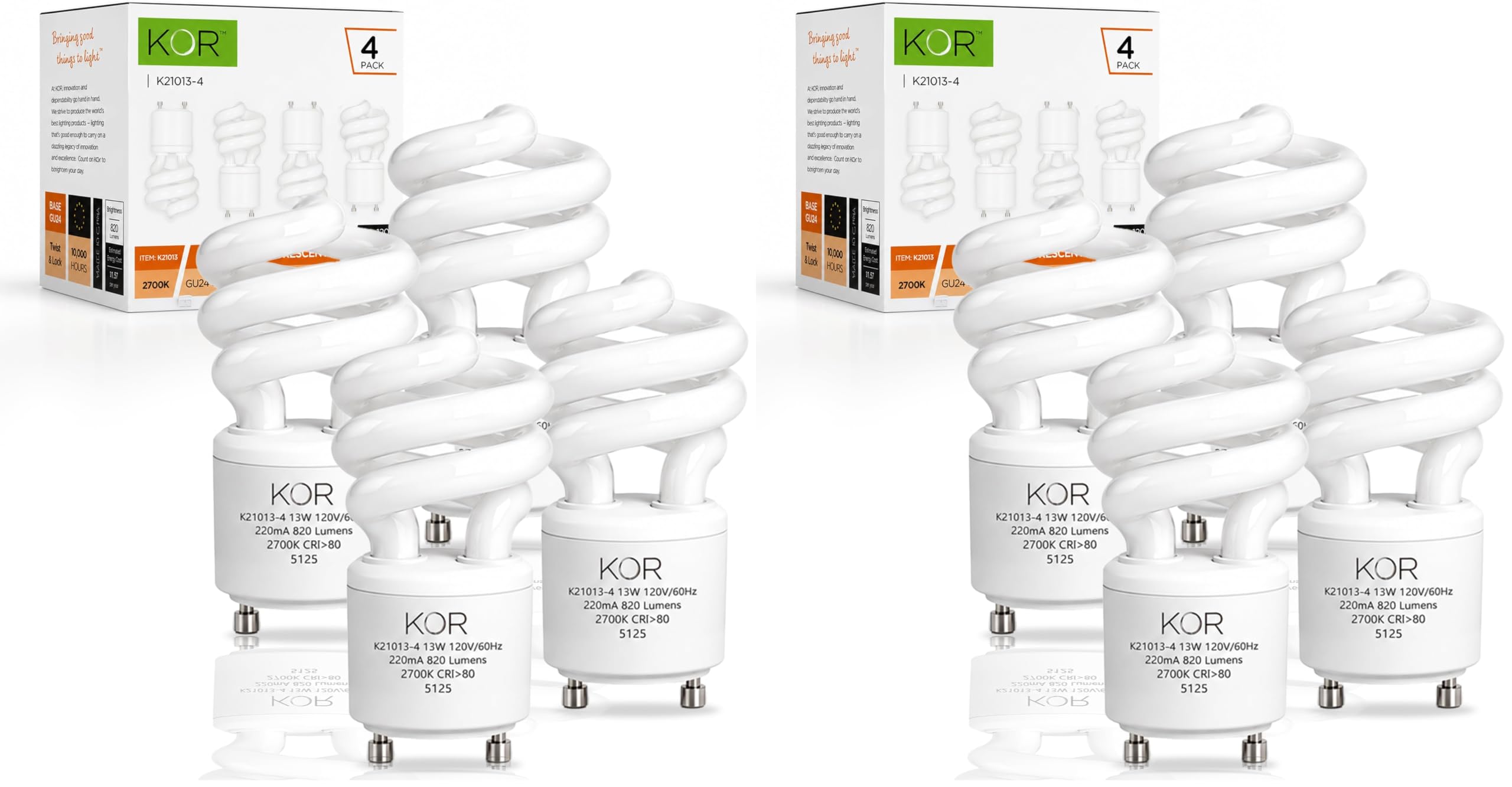 KOR 8-Pack 13W GU24 Base CFL Light Bulbs, 60W Equivalent, Warm White 2700K