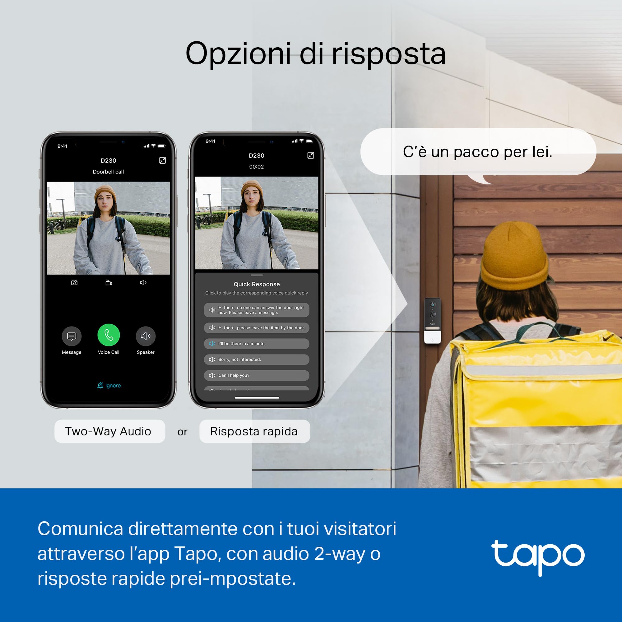 Tapo D230S1 Video Doorbell Campanello, Visualizzazione Live 2K 5MP, Visione Notturna a Colori, Campo Visivo Ampio, Rilevamento Intelligente, Batteria Lunga, IP64 Impermeabile, Alexa