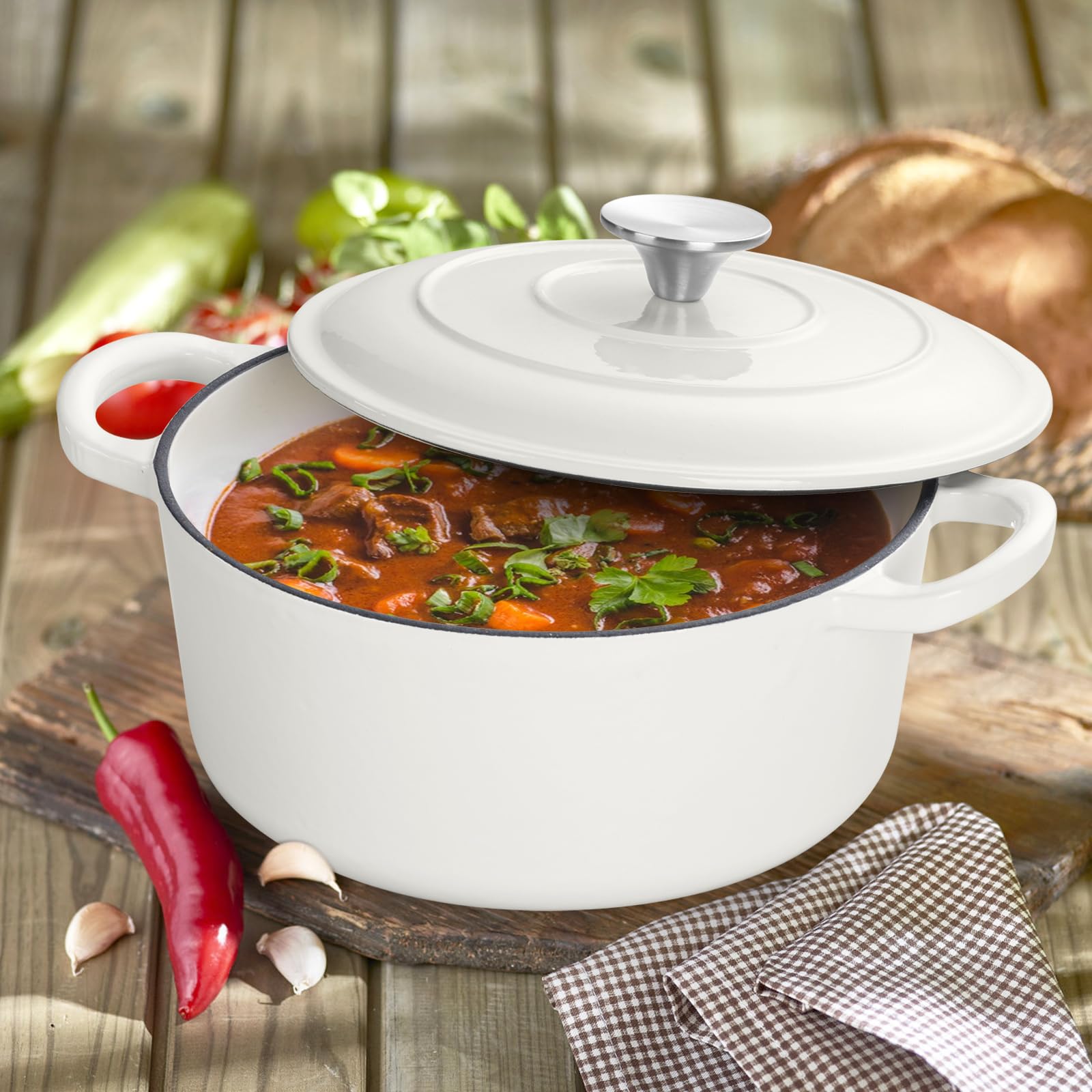 E-far - Horno holandés de hierro fundido esmaltado de 3 cuartos con tapa, olla pequeña redonda antiadherente para pan, estofado, guisos, asar, cocinar, resistente, inducción y apto para horno, color