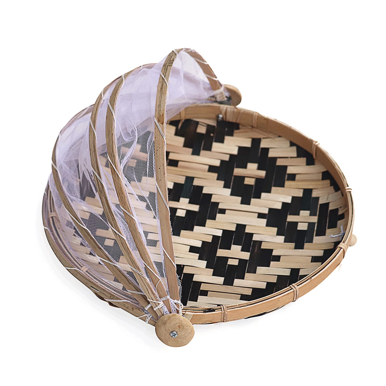 Portable Bamboo Food Serving Tent Basket with Gauze Net Outdoor Picnic Food Bread Storage Container Dustproof Bug-Proof Cover Basket