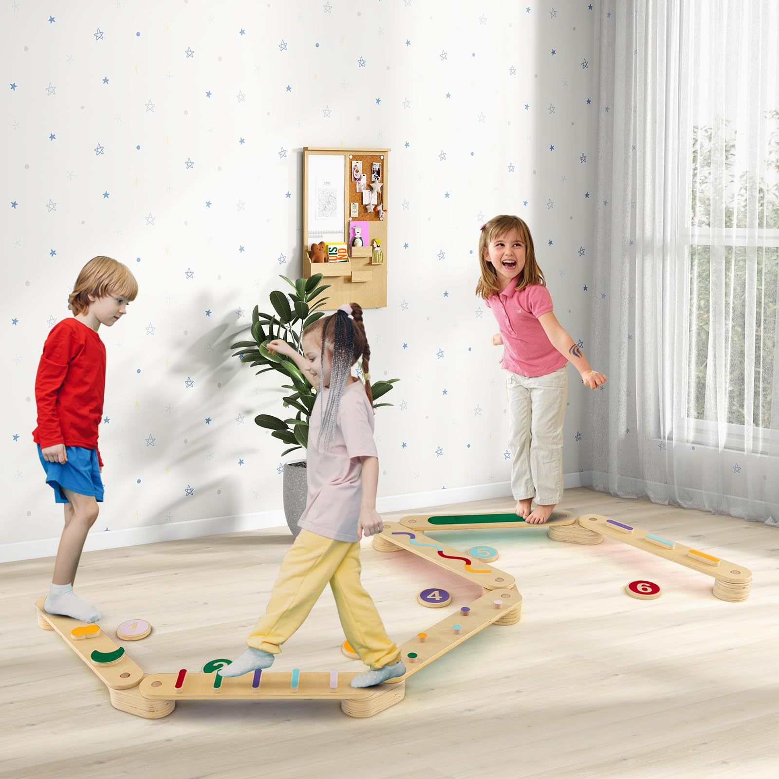 COSTWAY Barra de Equilibrio de Madera Montessori con Piedras, Juguetes de Equilibrio para Interiores