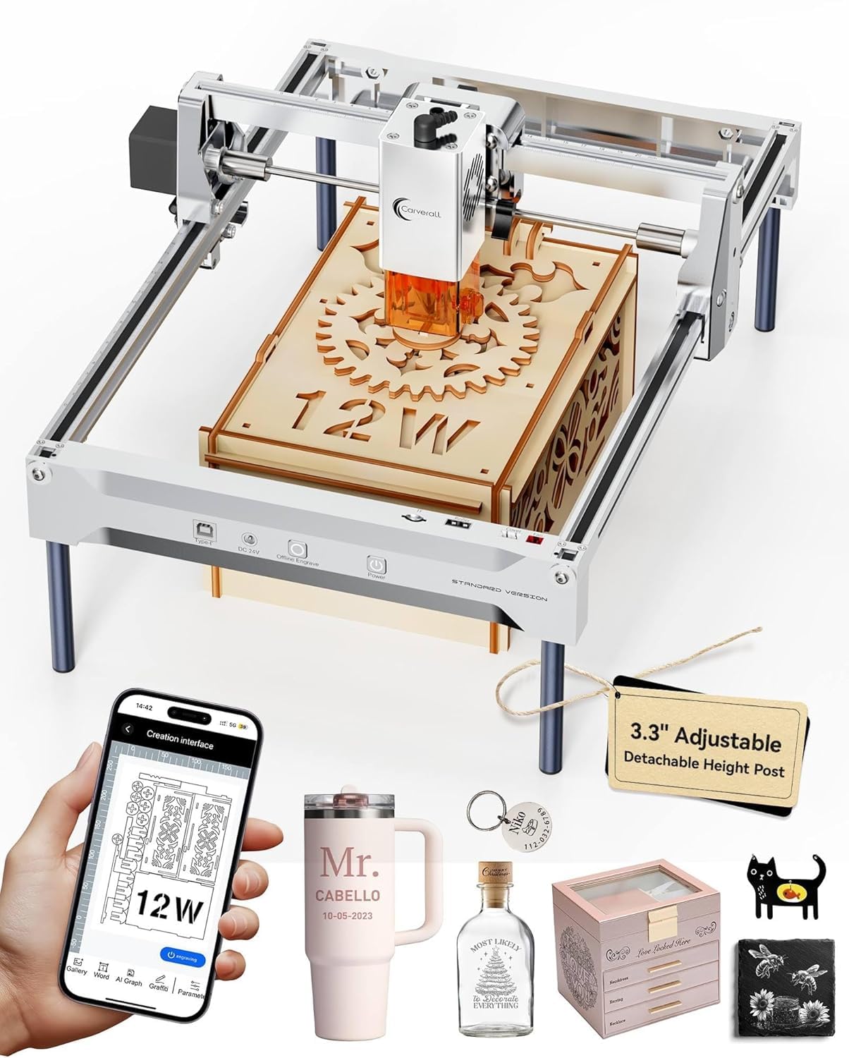 Laser Engraver 12W Laser Engraving Machine for Wood Metal Acrylic Glass Stone, DIY CNC Portable Laser Cutter 7.9" x 11.8" (Near A4) Offline Engraving Carverall K15 Pro Silvery, 12000mW, Class 1