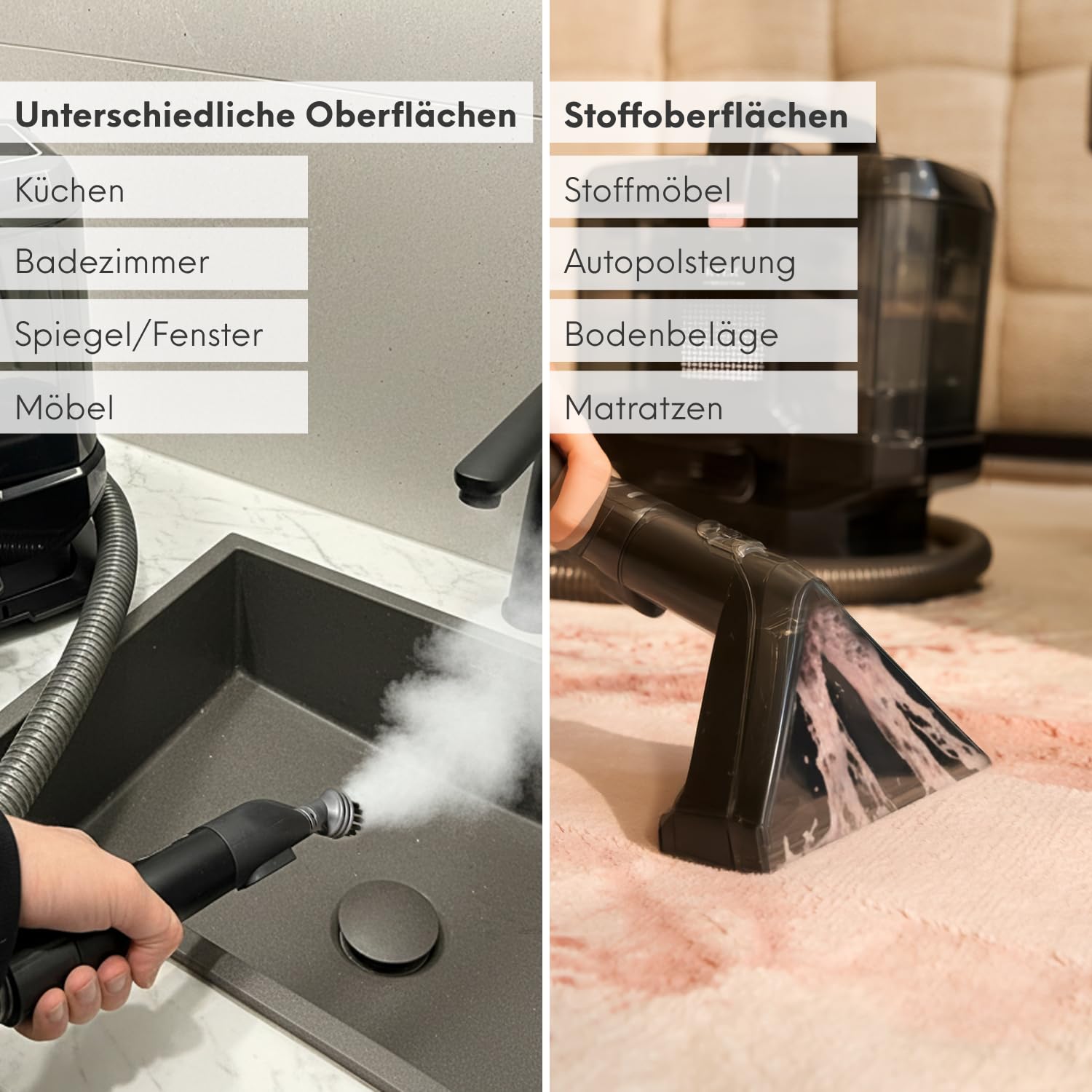 Media Evolution Polsterreiniger Gerät und Nassauger | Teppichreiniger und Dampfreiniger, 8 Aufsätze, 1800 W, 100 °C Dampf, Für Teppich, Polster, Autositze, Sofa, Möbel, Matratzen