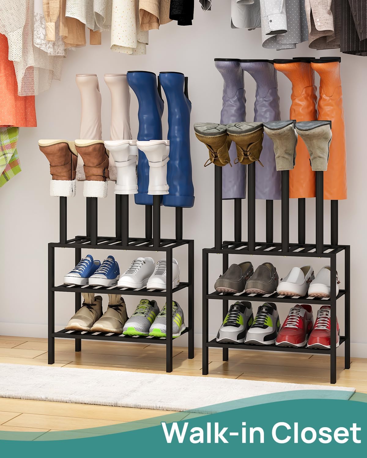 viewcare Black Boot Rack, Small Boot Rack Organizer Tall Boots with Shoe Rack for Closet, Bamboo Wood Shoe Shelf Storage Organizer for Entryway Small Space