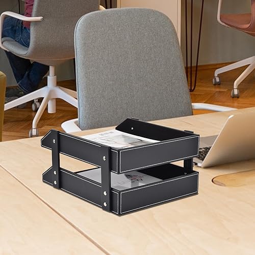 Miniatura 7 de Organizador de escritorio de cuero, soporte apilable de 2 niveles, suministros de oficina, caja de almacenamiento de escritorio para documentos,