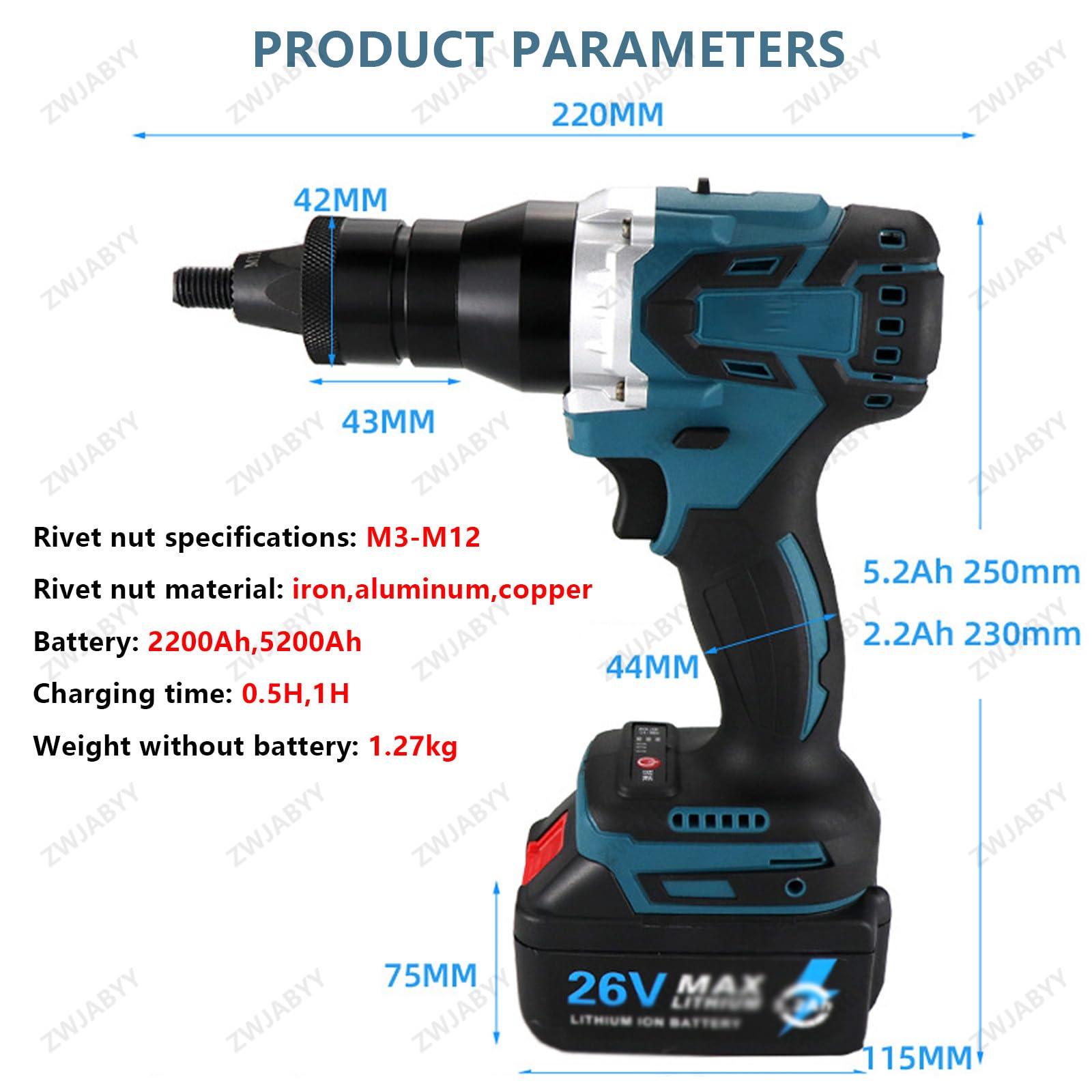 Remachadora inalámbrica, remachadora automática sin escobillas para remaches M3-M12, ideal para hierro, aluminio y acero inoxidable, incluye 2 baterías de 2200 mAh