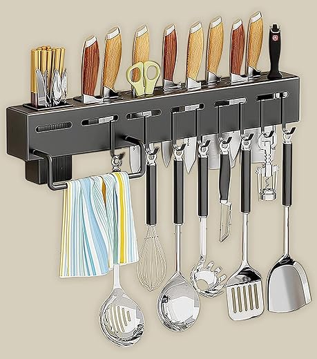 Deejay Kitchen Shelf Wall Mount Knife Holder,Towel Hanger, Spatula Ladle Hanging Hooks, Cutlery Holder Storage Rack High G