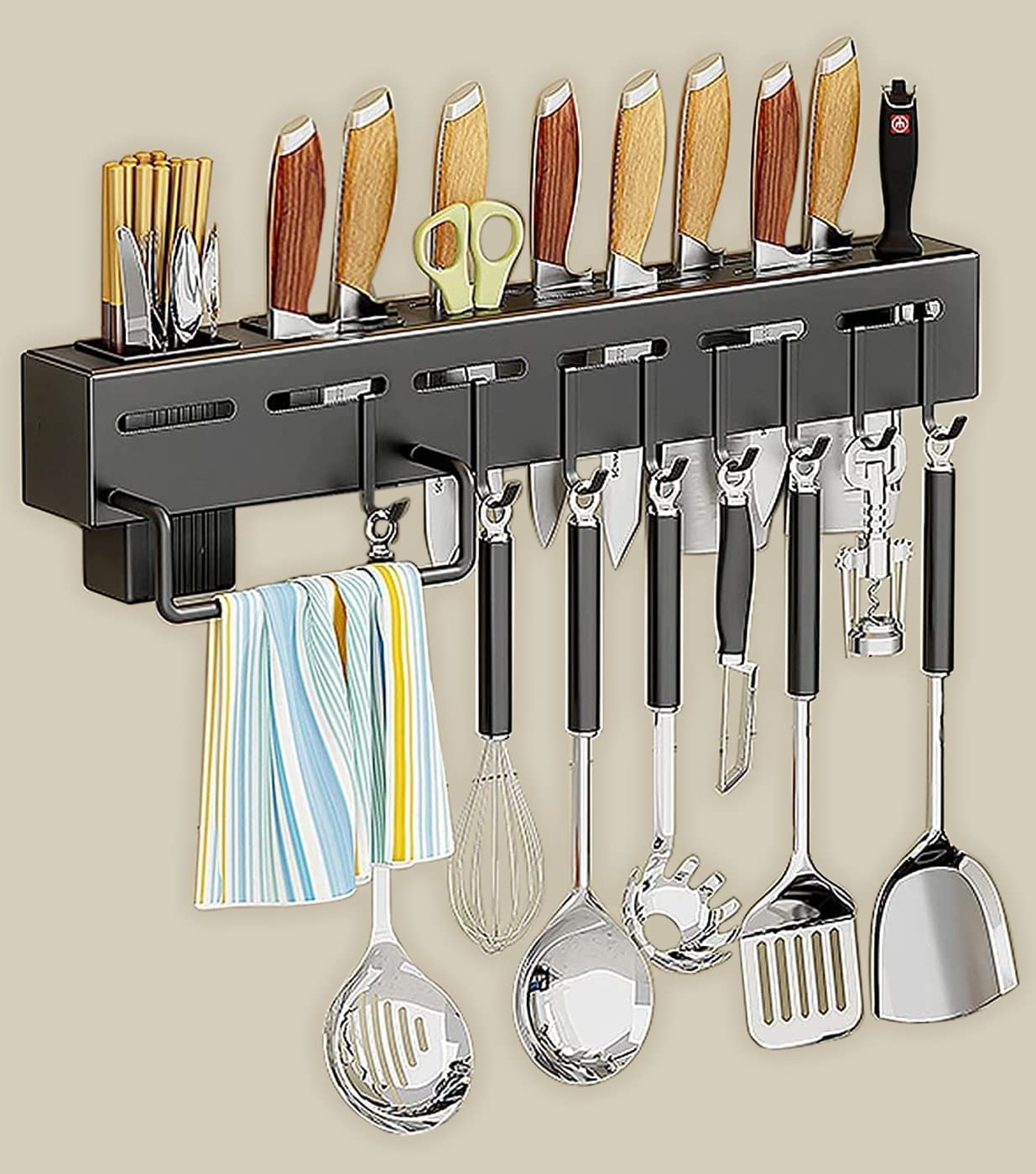 Deejay Kitchen Shelf Wall Mount Knife Holder,Towel Hanger, Spatula Ladle Hanging Hooks, Cutlery Holder Storage Rack High G