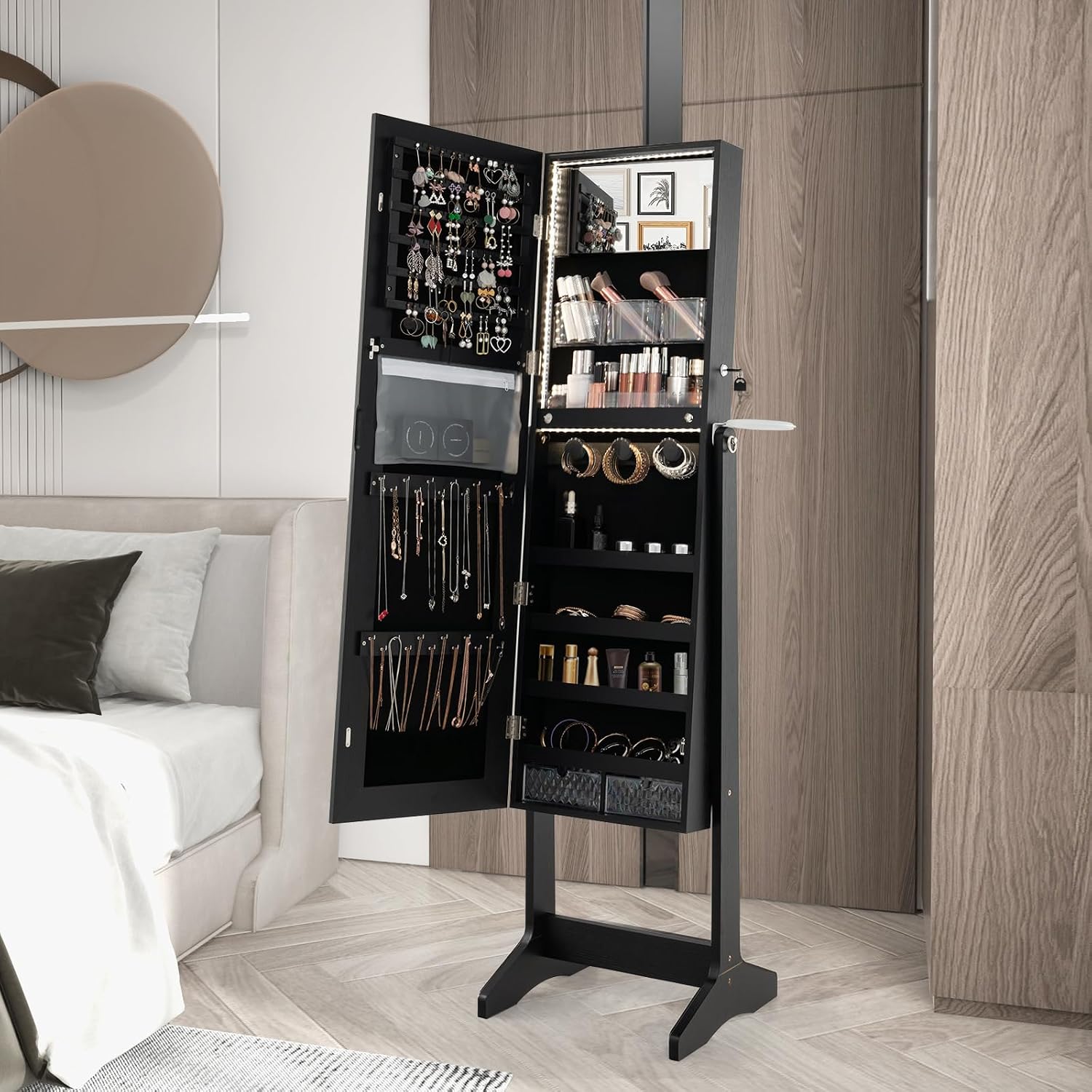COSTWAY LED Mirror Jewelry Cabinet, Standing Jewelry Organizer w/Hairdryer Holder, Full-Length Mirror with Large Jewelry Storage, Lockable Jewelry Armoire for Living Room, Bedroom (Black)