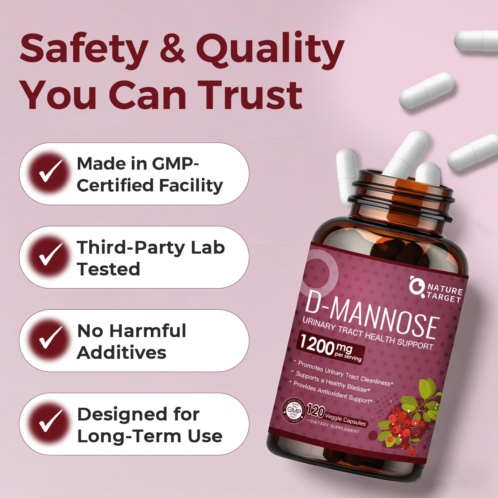NATURE TARGET D-Mannose 1200mg Supplements with Cranberry - 120 Capsules — Amazon image 7
