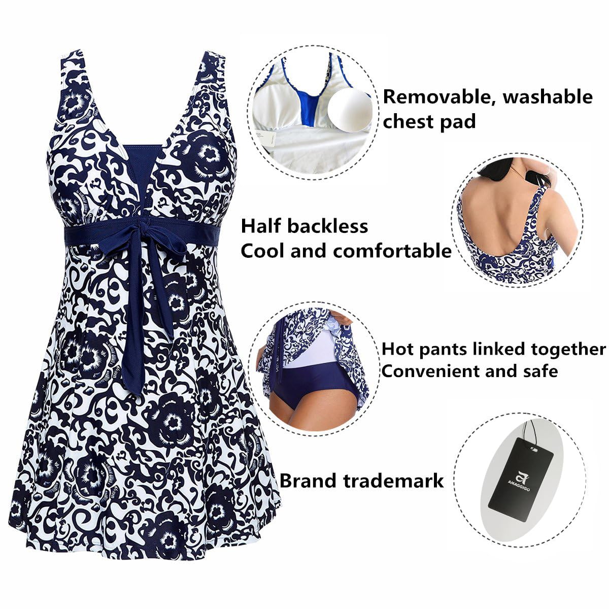 Costume da bagno intero da donna a pois con gonna per il controllo della pancia