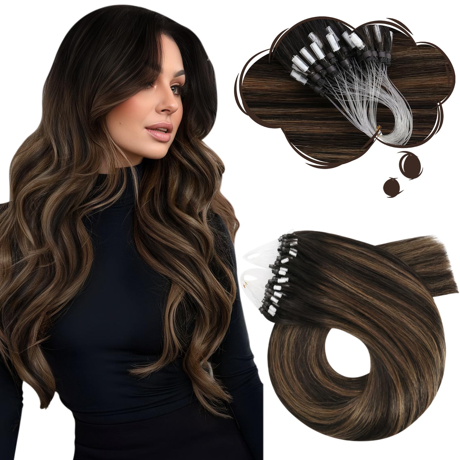 Moresoo Micro Beads Hair Extensions Ombre Darkest Brown and Chestnut Brown Micro Loop Hair Extensions Real Human Hair 14INCH 1g/s 50g/Pack #2/6/2