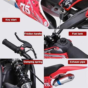 49cc Dirt Bike for Kids 8-14 4-Stroke Gas Dirt Bike Mountain Off-Road Mini Bike Gas Powered Motocross Pocket Bike with Front Rear Disc Brake & Shock Absorbing Spring Red