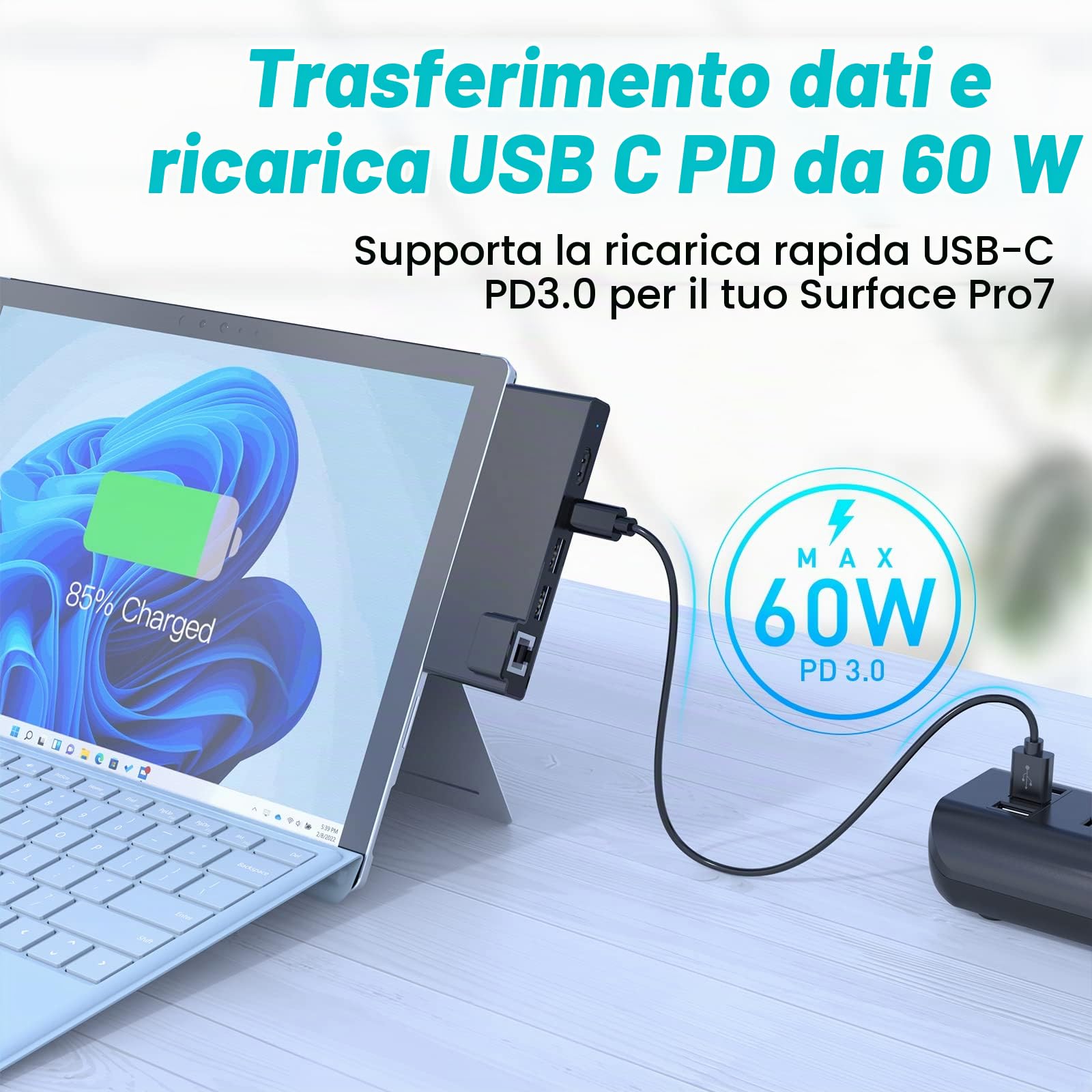 Surface Pro 7 Hub, Rocketek 7-in-1 Microsoft Surface Pro 7 dock con HDMI 4K / 60Hz, Adattatore Ethernet 1000M, PD 60W Type-C Caricare, slot SD/TF, 2 porte USB 3.0 - solo per Surface Pro 7