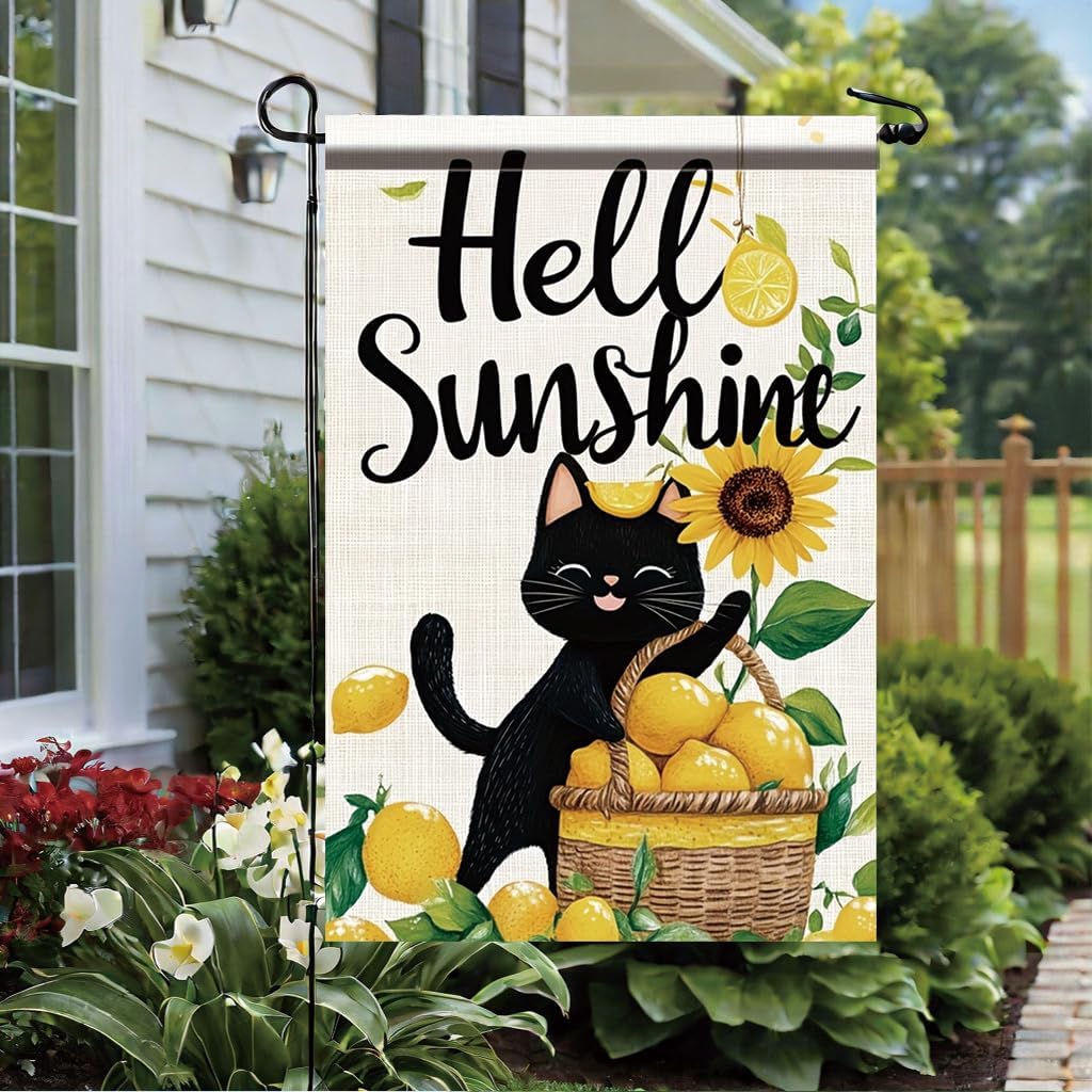 Hello Sunshine Cat Garden Flag 12x18 Inch Double Sided Outdoor Yard Banner Black Cat Lemon Basket Sunflower Design Summer Welcome Decoration for Porch Patio Lawn Garden Home Decor - Image 4