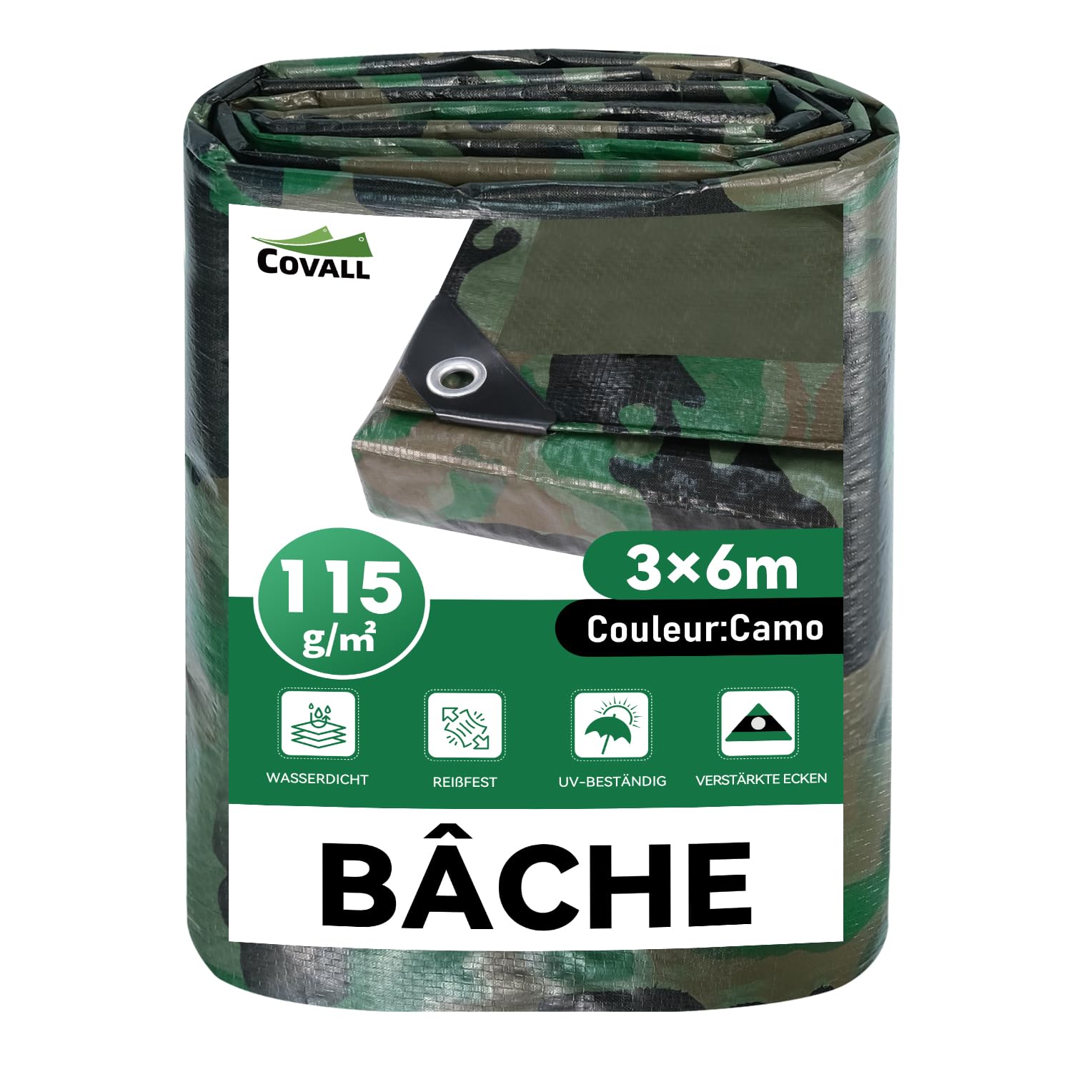 Bâche de Protection Extérieur Camouflage 3x6m - 115g/m², Imperméable, avec Œillets, Anti-UV, pour Jardin, Camping, Bois, Chasse & Décoration Militaire