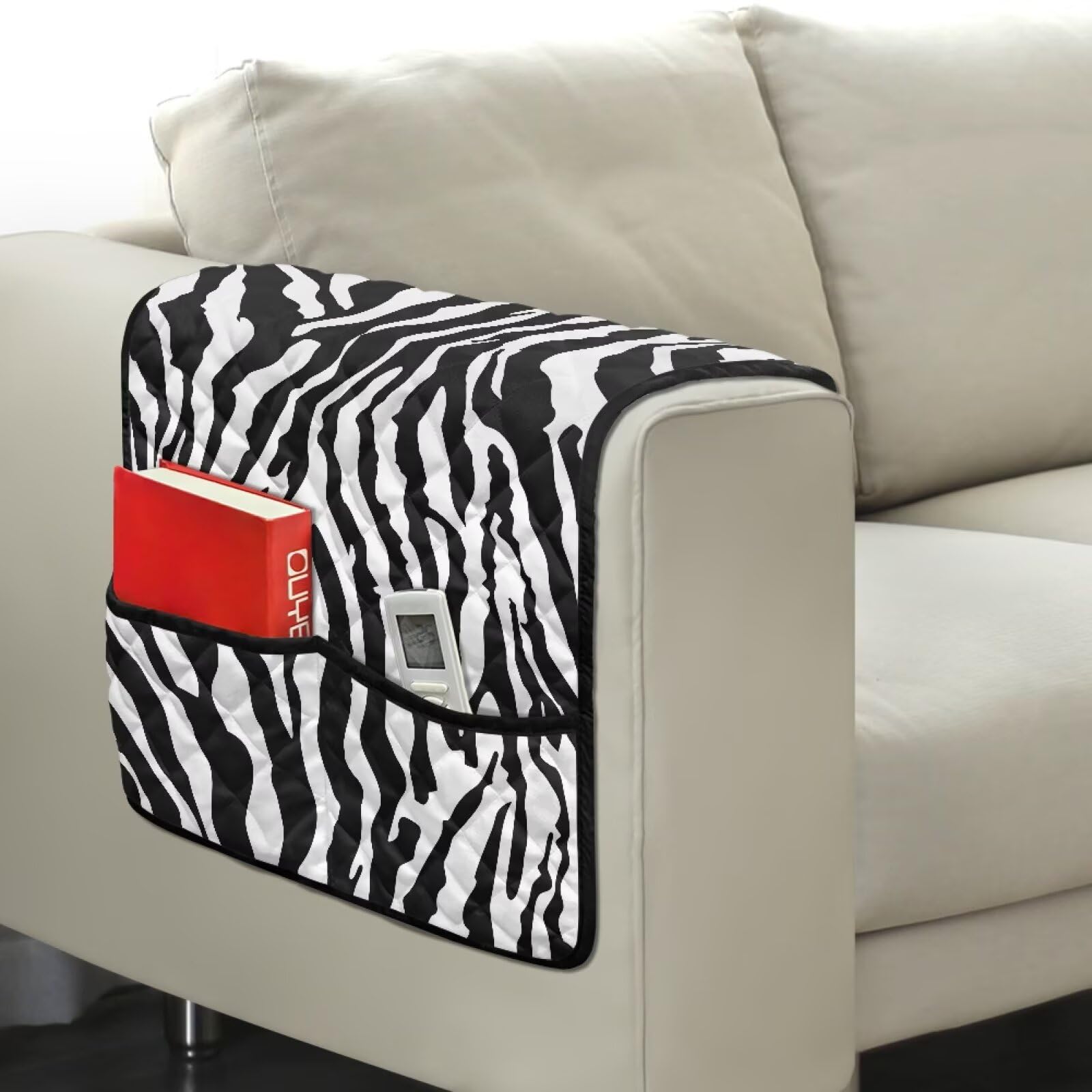 Fiqyvagox Zebra Print Arm Cover for Sofa TV Remote Control Holder Dust Resistant Chair Sofa Armrest Covers with 2 Pockets