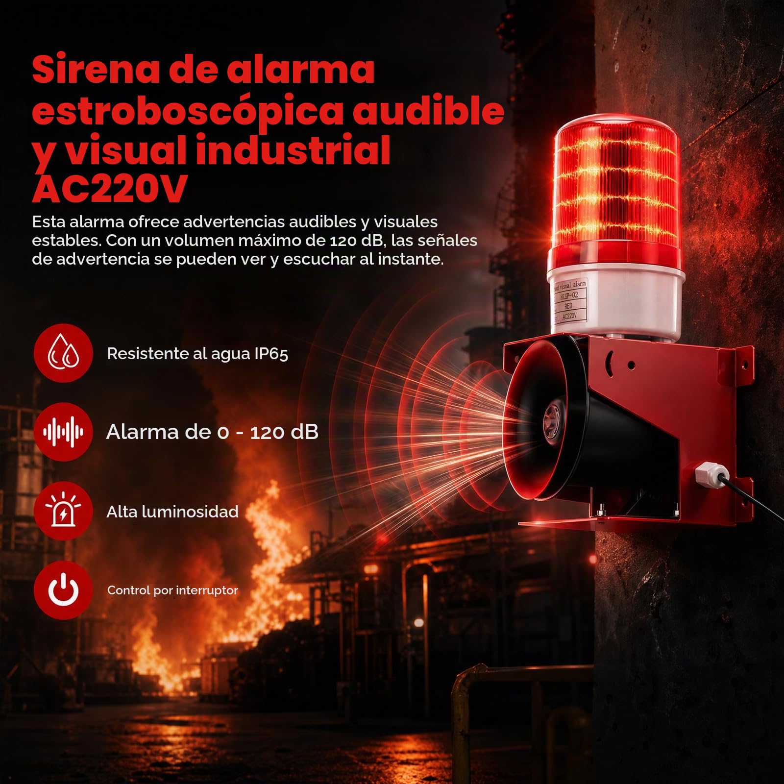 Alarma de Sirena Industrial, Sirena Alarma Industrial de 120 dB con Luz Estroboscópica IP65 Lámpara LED Adecuada para Uso Interior y Exterior Enchufe UE 220 V