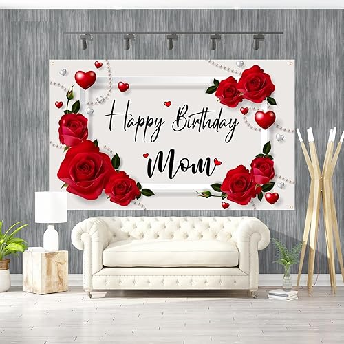 Miniatura 6 de Labakita Telón de fondo de feliz cumpleaños para mamá, letrero de decoración de cumpleaños de madre madre, telón de fondo de decoración de feliz