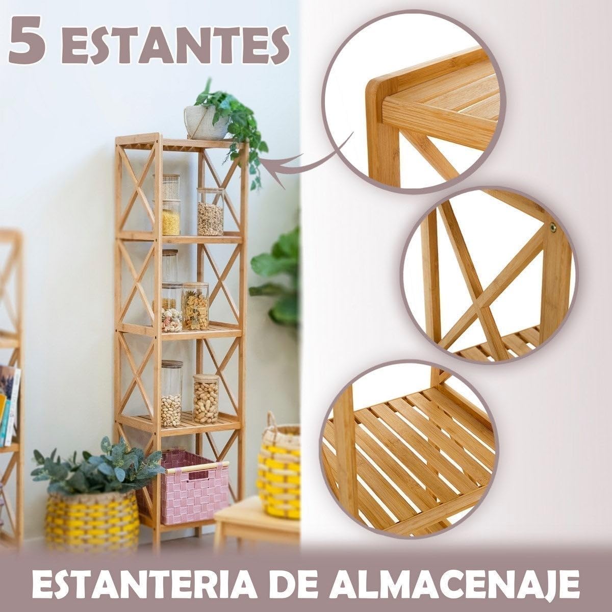 Estantería de pie de bambú natural con 5 baldas alistonadas de 37x33x153 cm | Estante de baño para almacenaje con laterales en cruz decorativos. Resiste 5kg por balda.