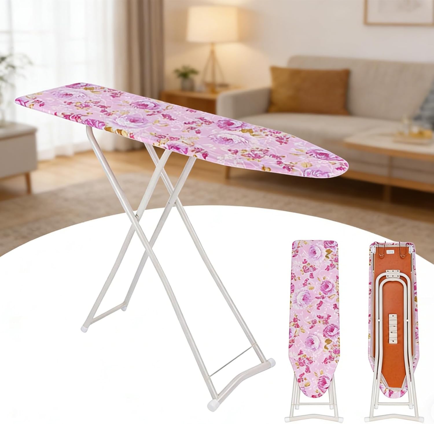 Ironing Board Full-Size, Adjustable Height Foldable Extended Household Ironing Board Outside with Heat-Resistant Cover, Anti-Slip Feet, Heat-Resistant Cover Purple 42 inch
