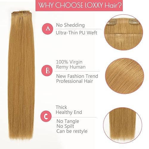 Miniatura 3 de Loxxy Extensiones de cabello humano Remy sin costuras, con clip, de 20 pulgadas, color rubio fresa, 3.88 oz, 7 unidades de cabello grueso con clip