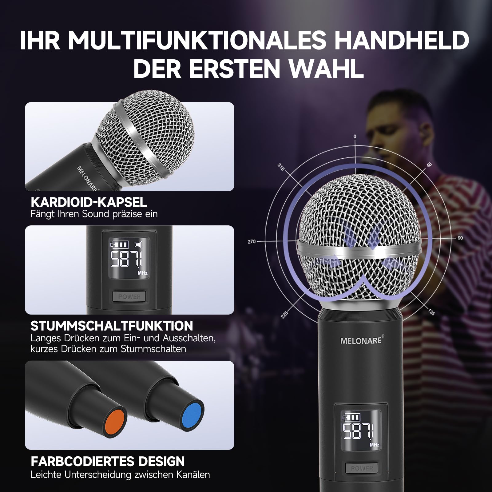 MELONARE Dual UHF Auto-Scan Funkmikrofonsystem MWU-20-2H | 2 Handmikrofone, 2 x 100 Frequenzen, 80 m Reichweite, Gesang, Karaoke, Kirche, DJ
