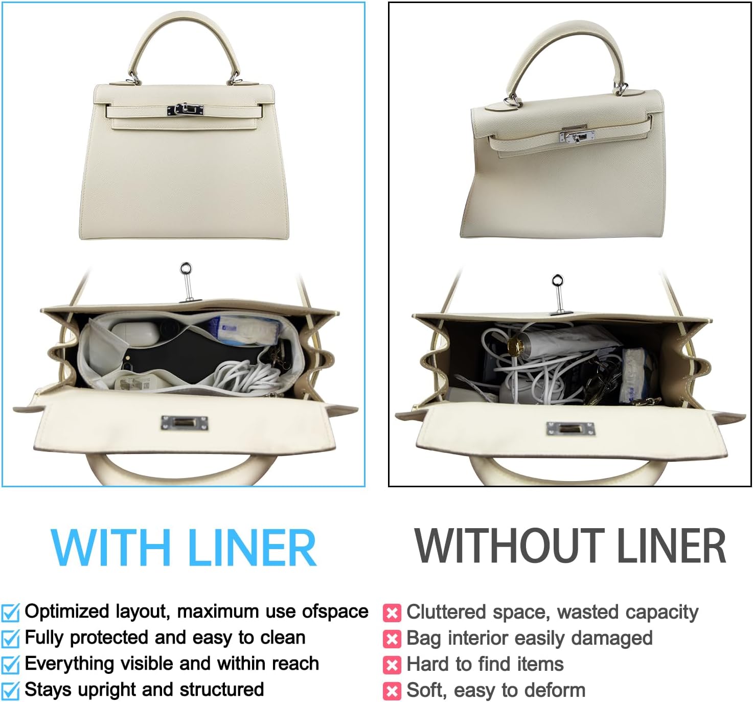 Organizer Insert for Kelly Mini/25/28/32/35/40, Nylon Inner Bag Organiser(Size: MiniKL1, Color: Craie) - Image 5