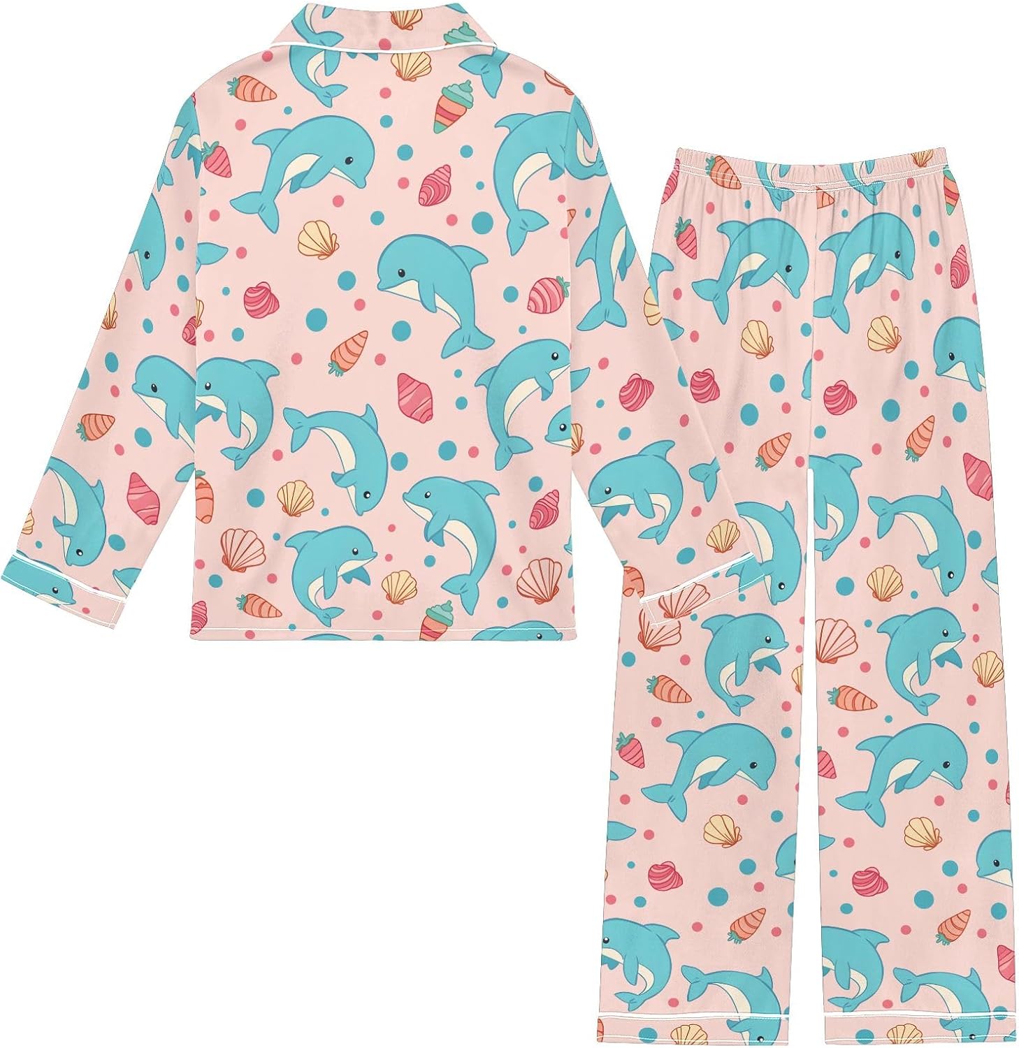 Kids Casual Satin Wear Set Dolphin Seashell Conch Pattern Unisex Relaxed Fit Clothing