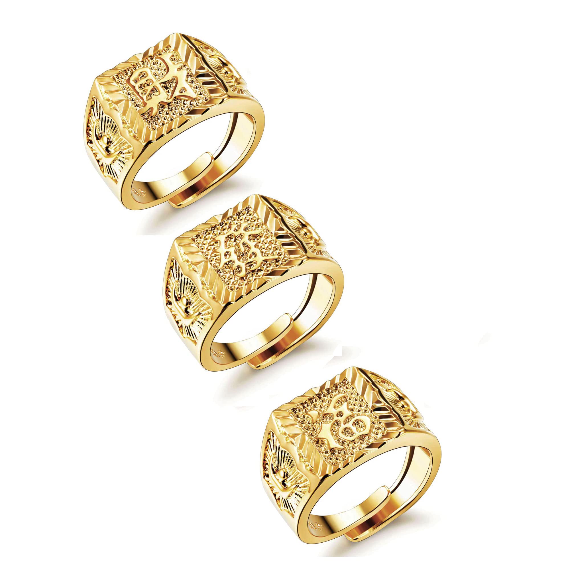 JeryWe 3/4 Pcs Anillo Chapado en Oro de los Hombres Anillo de Sello Ajustable,Anillo de Dedo Pulgar Abierto,Anillo de Boda, Anillo de Kanji Riqueza de Suerte Juego de Anillos,Oro Bendice Todo