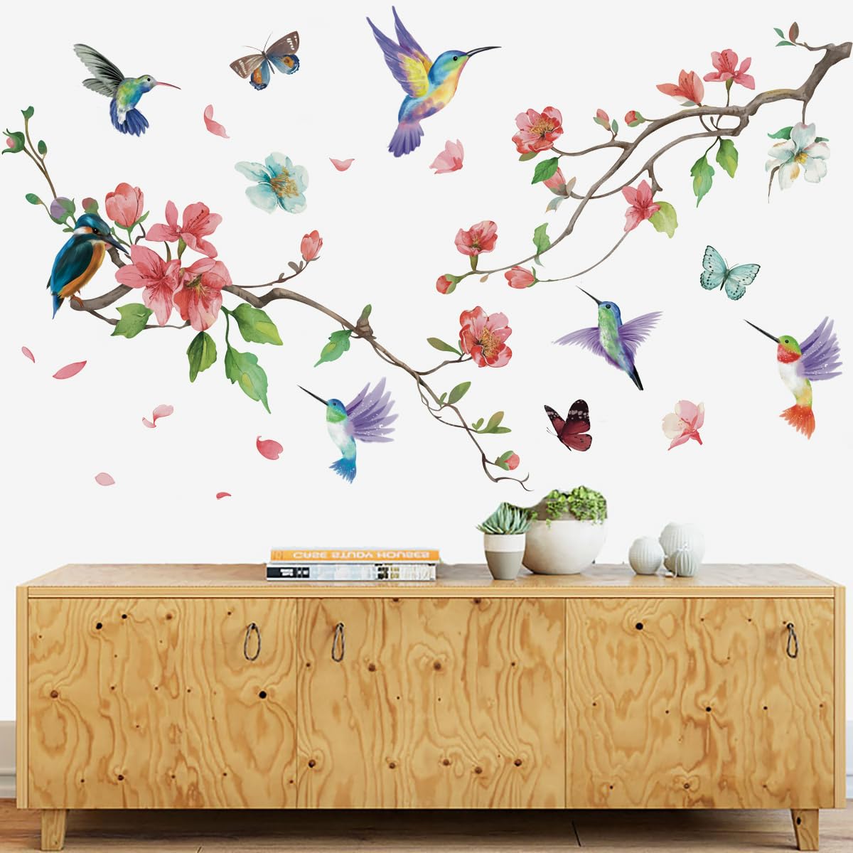 Runtoo Hummingbird Wall Decal Peel and Stick Flower Tree Branch Pink Floral Wall Stickers for Living Room Bedroom Baby Nursery - Image 2