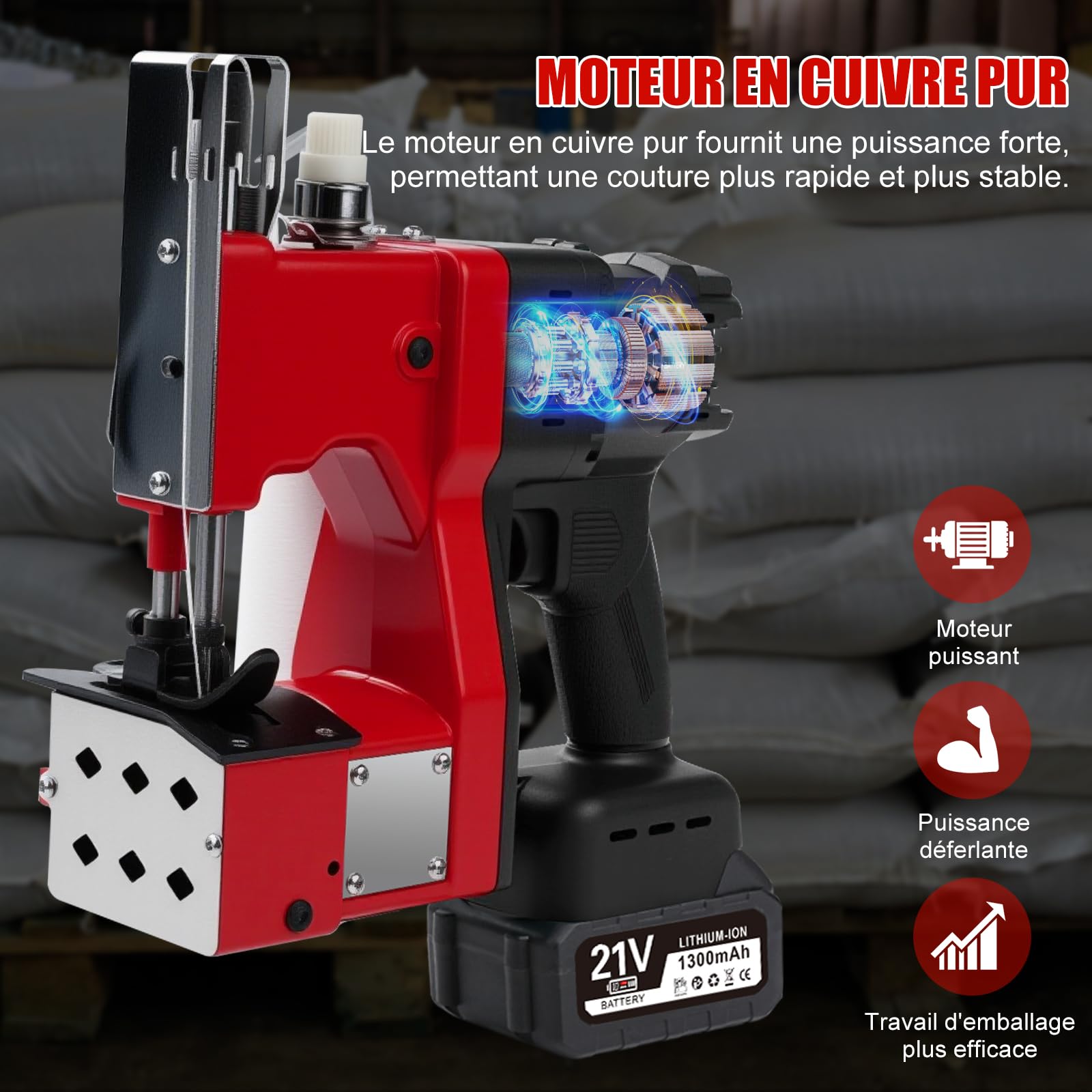 Machine à Coudre Électrique pour Sacs, 21V Machine de Fermeture de Sac avec 2 Batteries 1300mAh, 210W Portable Sac Machine à Coudre Sans Fil, Épaisseur 0,2-10 mm, pour Sacs en Tissu, à Sable, en Jute