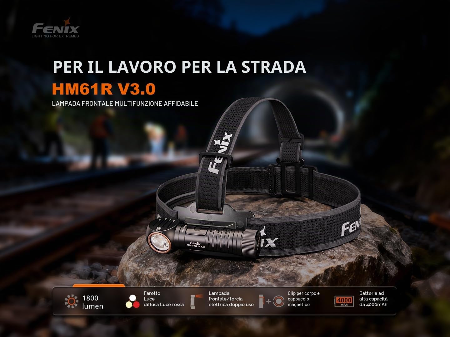 Fenix HM61R V3.0 - Lampada frontale ricaricabile per esterni, 1800 lumen, 195 m, 300 ore massime, fascio abbagliante, fascio di luce rossa/flash, base magnetica, IP68