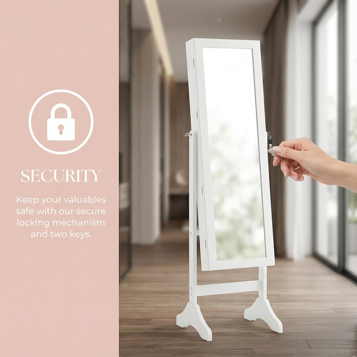FansaFurn Jewelry Armoire with Full-Length Mirror: Lockable Display Organizer, Velvet Lining, 5 Shelves & Adjustable Angles, 47.3 Inches, White